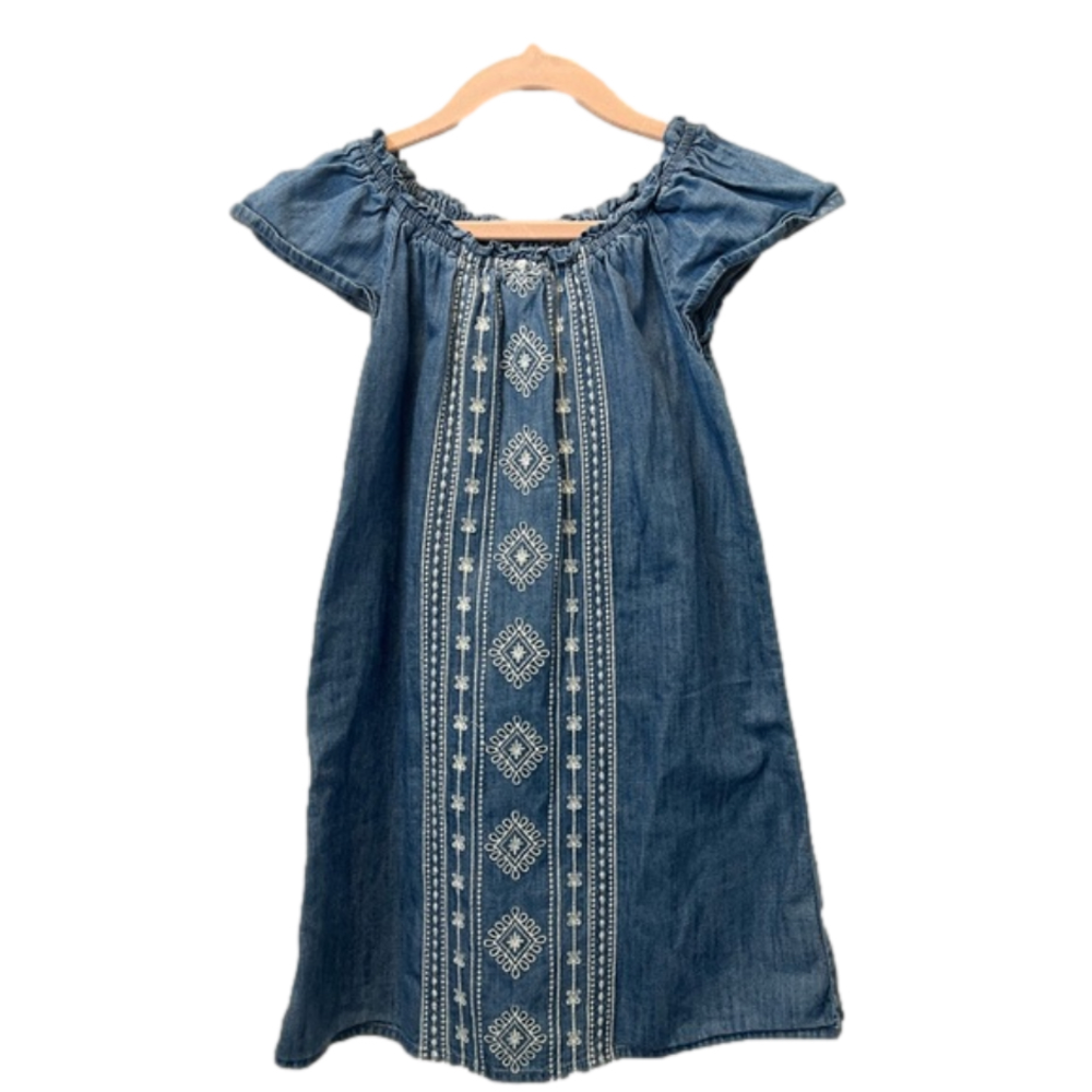 Old Navy Denim Embroidered Girls Dress Boho Bluejean Lace Jumper Beach Preppy